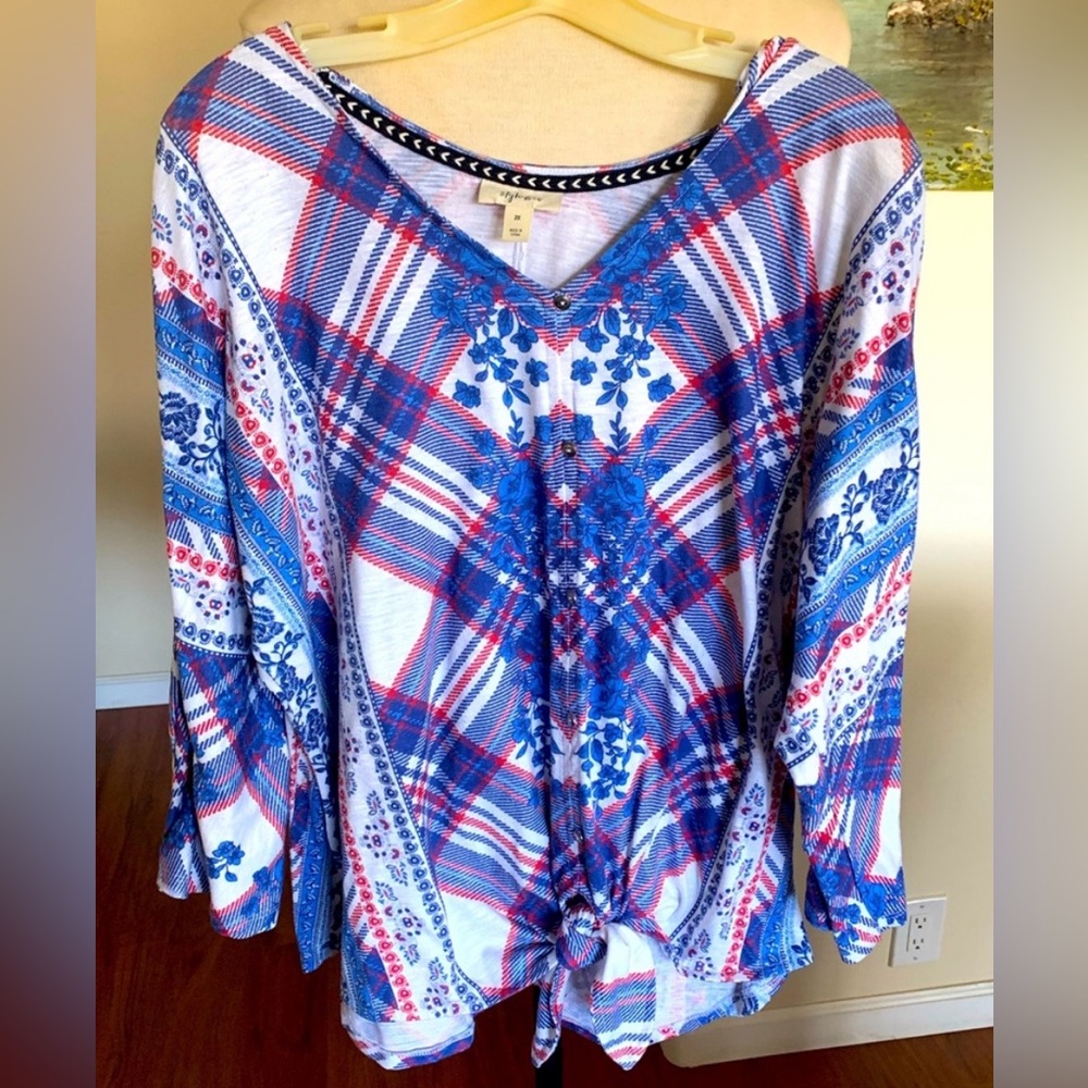 2XL  Style & Co. Blue and Red Plaid Blouse • USA 250 years Sesquicentennial